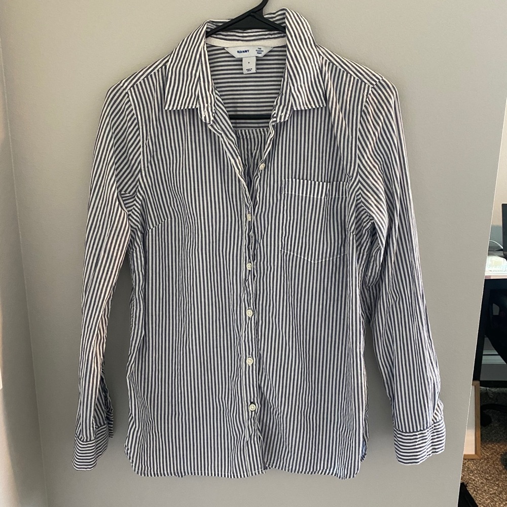 Navy and White Striped Button Up